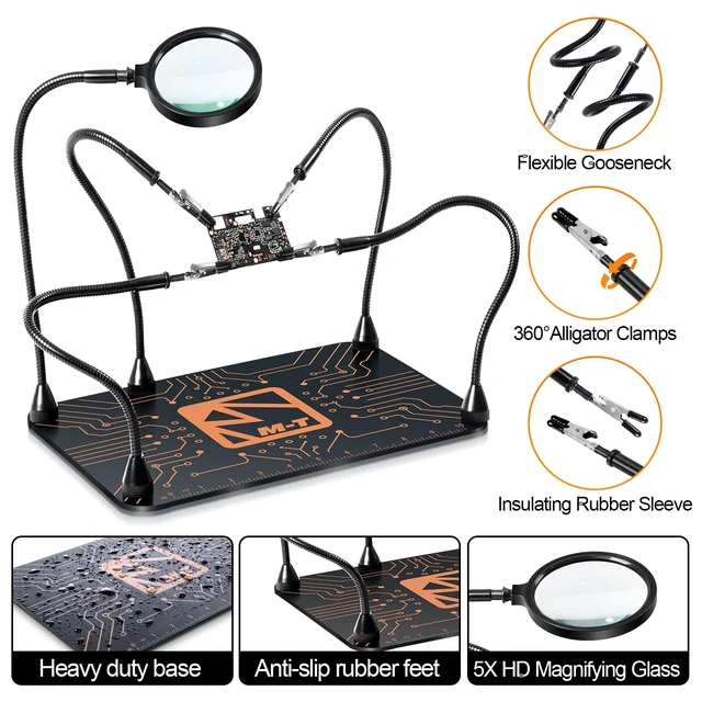 Alt view image 6 of 6 - M-T Helping Hands Soldering Station, Magnetic Third Hand Tool PCB Holder with 5X Magnifying Glass 13x9 IN Non-Slip Steel Weighted Base 4 Arms for Electronic Repair Soldering Jewelry Crafts and Welding