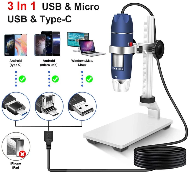 Alt view image 2 of 7 - Jiusion HD 2MP 40X-1000X USB Digital Microscope with Aluminum Alloy Stand | Portable Magnification Endoscope Camera with 8 LEDs, Fits OTG Android, Mac, Windows 7 8 10 11 & Linux