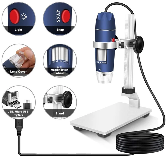 Alt view image 5 of 7 - Jiusion HD 2MP 40X-1000X USB Digital Microscope with Aluminum Alloy Stand | Portable Magnification Endoscope Camera with 8 LEDs, Fits OTG Android, Mac, Windows 7 8 10 11 & Linux