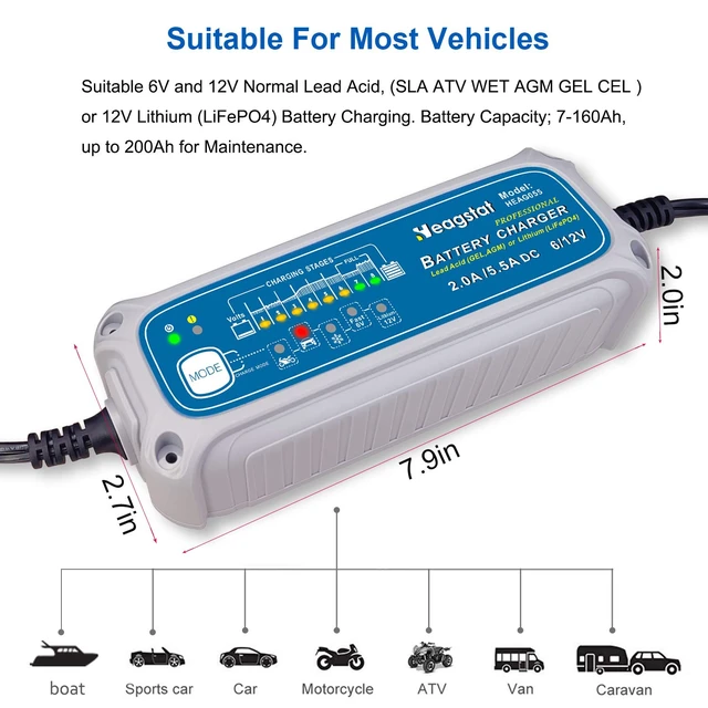 Alt view image 4 of 7 - Heagstat 2/5.5A 6V/12V Smart Battery Charger, Trickle Charger & Maintainer | 8-Stage, 5-Mode Options: 6V/5.5A, 12V/2A, 12V/5.5A, 12V/Winter, 12.8V/(LiFePO4) Charging Mode for Car Motorcycle ATVs