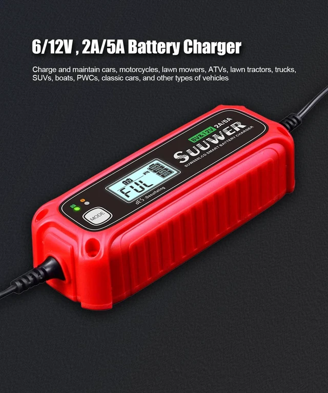Alt view image 3 of 7 - Suuwer 2A/5A 6/12V Smart Battery Charger, Trickle Charger & Maintainer | 7-Stage, 4-Mode Options: 6V/2A, 12V/2A, 12V/5A Lead-Acid & 12.8V/5A Lithium(LiFePO4) Charging Mode for Car Motorcycle ATVs