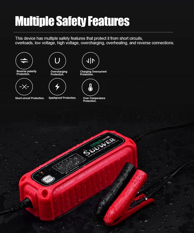 Alt view image 5 of 7 - Suuwer 2A/5A 6/12V Smart Battery Charger, Trickle Charger & Maintainer | 7-Stage, 4-Mode Options: 6V/2A, 12V/2A, 12V/5A Lead-Acid & 12.8V/5A Lithium(LiFePO4) Charging Mode for Car Motorcycle ATVs