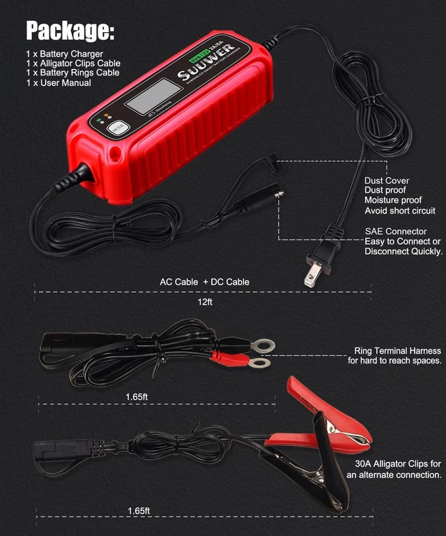 Alt view image 7 of 7 - Suuwer 2A/5A 6/12V Smart Battery Charger, Trickle Charger & Maintainer | 7-Stage, 4-Mode Options: 6V/2A, 12V/2A, 12V/5A Lead-Acid & 12.8V/5A Lithium(LiFePO4) Charging Mode for Car Motorcycle ATVs