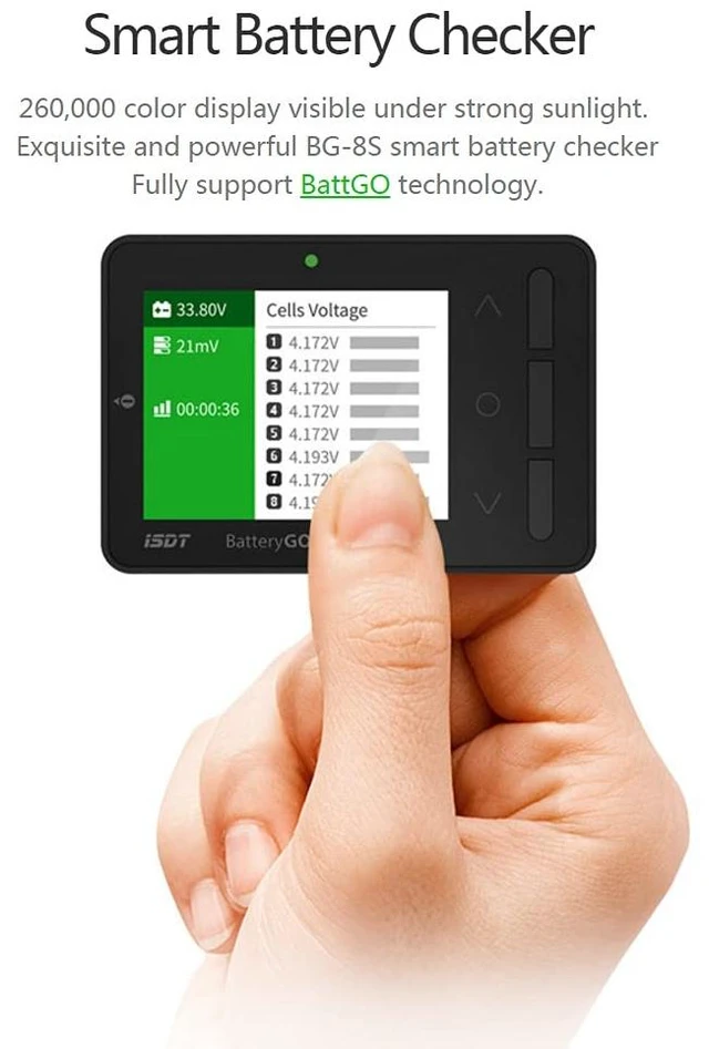Alt view image 2 of 7 - ISDT BG-8S BattGo Battery Meter, LCD Display Digital Battery Capacity Checker Balancer Tester for NiMH,LiPo,Life,Li-ion,Nicd