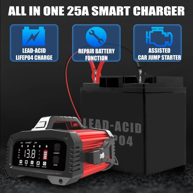 Alt view image 2 of 7 - E-FAST 25A Smart Car Battery Charger, 12V/24V Automatic Automotive Battery Maintainer & Desulfator with 200s Booster Mode - Adjustable Amp Trickle Charger for Lead-Acid, AGM, Gel, LiFePO4