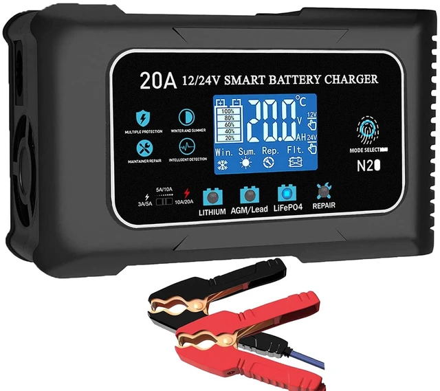 Main image of 12V/24V 20A Car Battery Charger Maintainer Trickle Charger Lithium LiFePO4 | 20A Lifepo4 Lead-acid AGM Deep cycle battery Desulfator Repair 1V