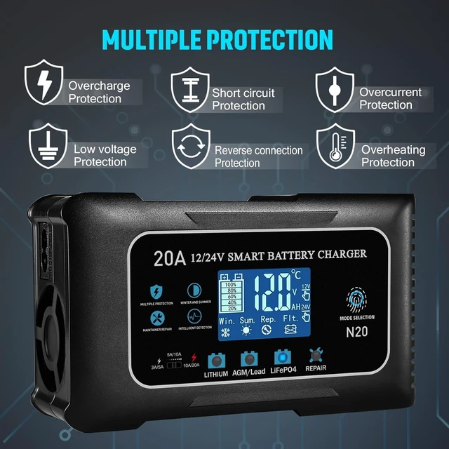 Alt view image 4 of 6 - 12V/24V 20A Car Battery Charger Maintainer Trickle Charger Lithium LiFePO4 | 20A Lifepo4 Lead-acid AGM Deep cycle battery Desulfator Repair 1V