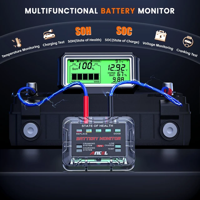 Alt view image 2 of 7 - ANCEL BM200 PRO 12V Car Battery Monitor, 433MHz Wireless Battery Tester | with Cranking Charging Test, Voltage & Temperature & Alarm Real-Time Monitoring for Car, Motocycle, RV, Truck, Boat