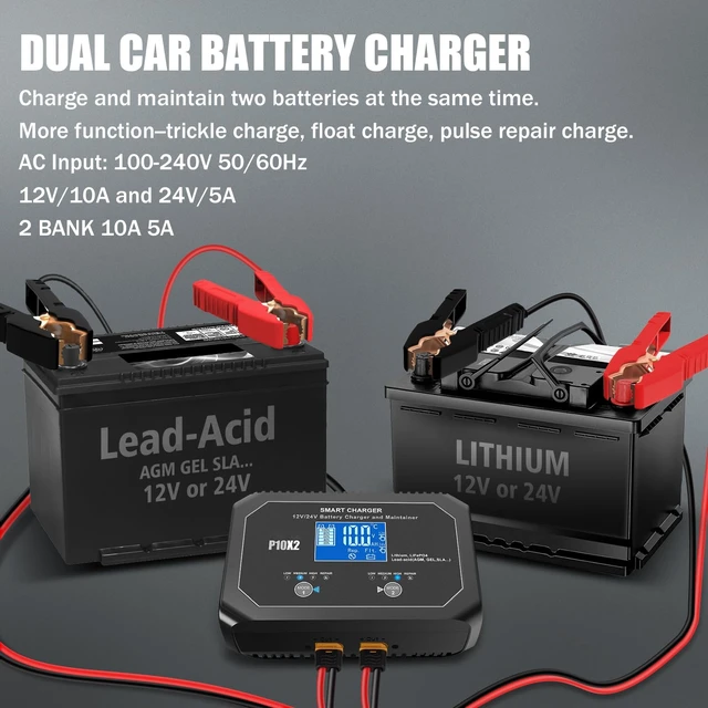 Alt view image 2 of 7 - 2-Bank(10A/Bank) Car Battery Charger, 12V 24V Lead-Acid, LiFePo4 Chargers | Smart Battery Charger, Battery Maintainer, Trickle Chargers for Car, Motorcycle, Marine, Boat, Lead-Acid, Lithium, LiFePo4