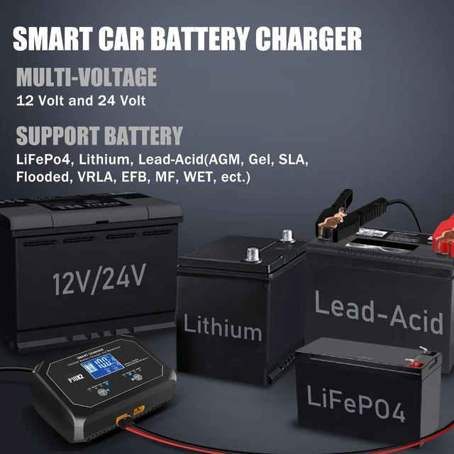 Alt view image 4 of 7 - 2-Bank(10A/Bank) Car Battery Charger, 12V 24V Lead-Acid, LiFePo4 Chargers | Smart Battery Charger, Battery Maintainer, Trickle Chargers for Car, Motorcycle, Marine, Boat, Lead-Acid, Lithium, LiFePo4