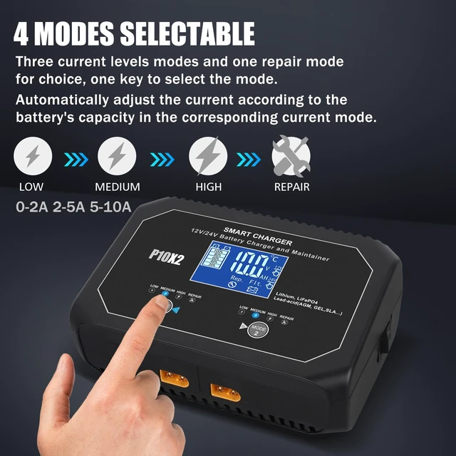 Alt view image 3 of 7 - 2-Bank(10A/Bank) Car Battery Charger, 12V 24V Lead-Acid, LiFePo4 Chargers | Smart Battery Charger, Battery Maintainer, Trickle Chargers for Car, Motorcycle, Marine, Boat, Lead-Acid, Lithium, LiFePo4