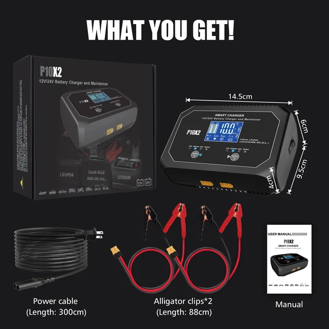Alt view image 7 of 7 - 2-Bank(10A/Bank) Car Battery Charger, 12V 24V Lead-Acid, LiFePo4 Chargers | Smart Battery Charger, Battery Maintainer, Trickle Chargers for Car, Motorcycle, Marine, Boat, Lead-Acid, Lithium, LiFePo4