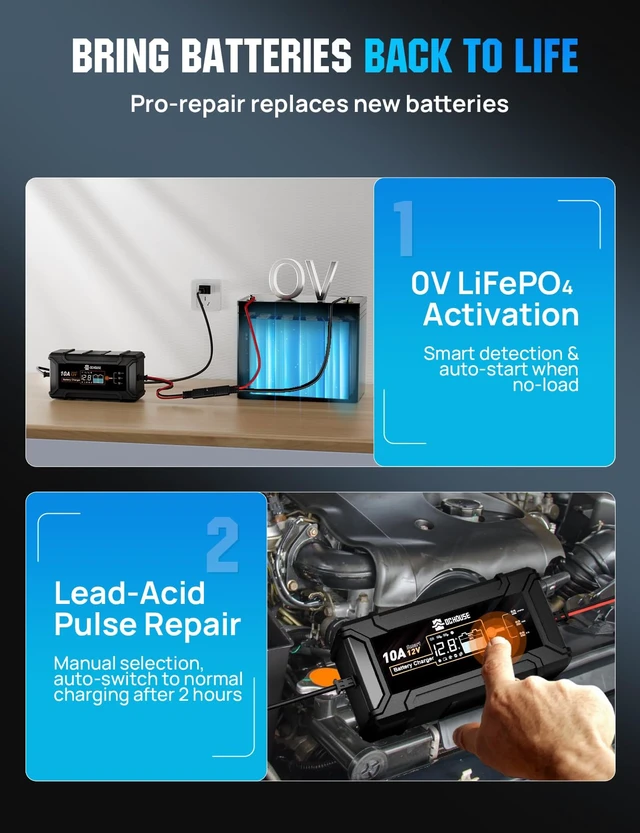 Alt view image 5 of 7 - DC House 12V 10A Battery Charger for Lead-Acid, LiFePO4 Battery | Smart Trickle Charger, Fully Automatic Maintainer Desulfator with LCD Screen for Car Motorcycle Truck Lawn Mower