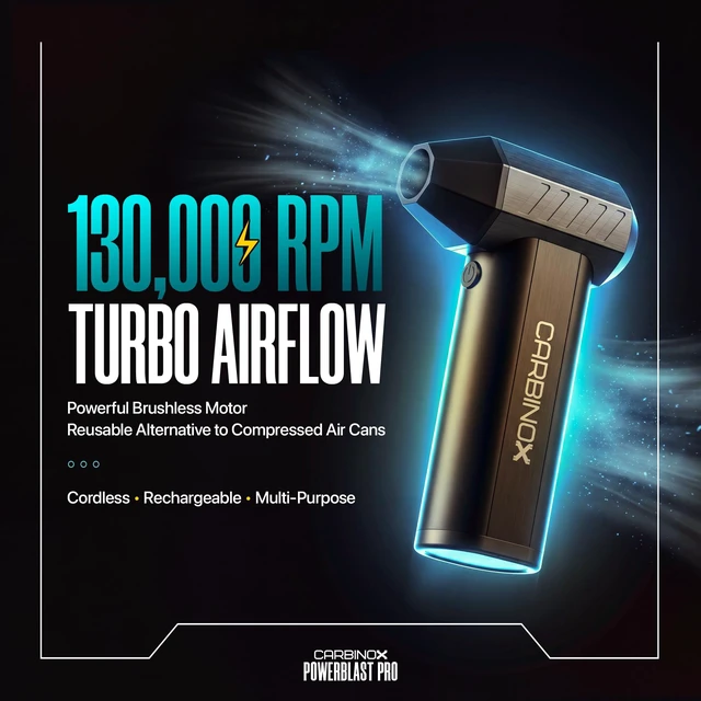Alt view image 2 of 7 - CARBINOX Powerblast Pro Compressed Air Duster, Electric Air Blower for PC | Cordless, USB-C rechargeable, 4 speeds including a 130,000 RPM turbo mode, LED light, for keyboards, computers and cars