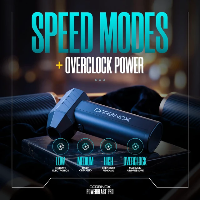 Alt view image 3 of 7 - CARBINOX Powerblast Pro Compressed Air Duster, Electric Air Blower for PC | Cordless, USB-C rechargeable, 4 speeds including a 130,000 RPM turbo mode, LED light, for keyboards, computers and cars