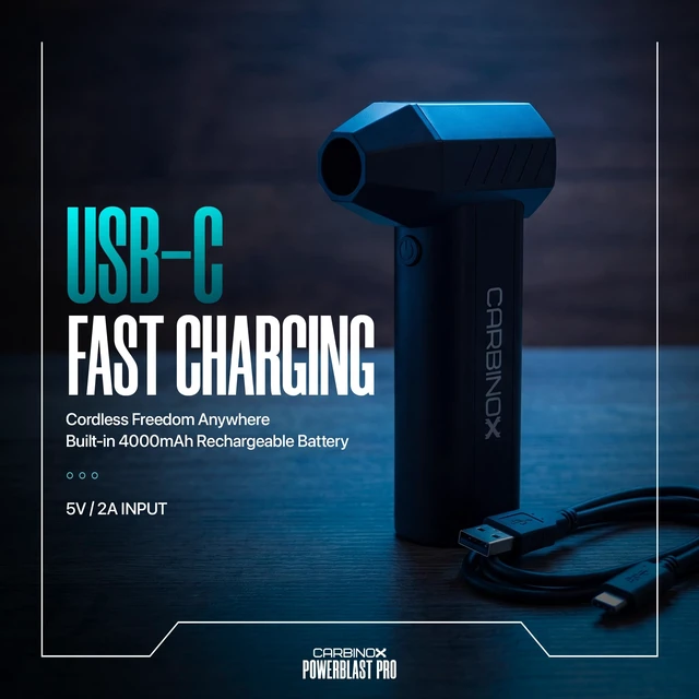 Alt view image 4 of 7 - CARBINOX Powerblast Pro Compressed Air Duster, Electric Air Blower for PC | Cordless, USB-C rechargeable, 4 speeds including a 130,000 RPM turbo mode, LED light, for keyboards, computers and cars