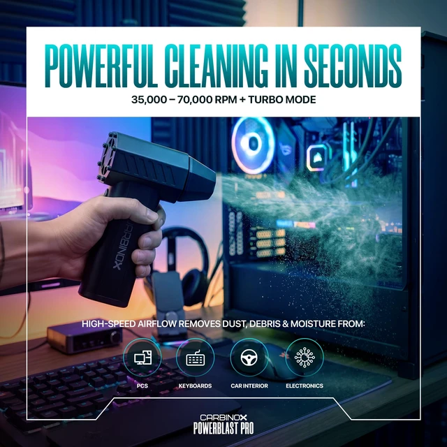 Alt view image 7 of 7 - CARBINOX Powerblast Pro Compressed Air Duster, Electric Air Blower for PC | Cordless, USB-C rechargeable, 4 speeds including a 130,000 RPM turbo mode, LED light, for keyboards, computers and cars