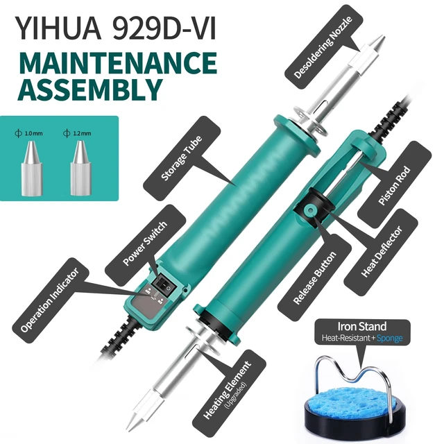 Alt view image 4 of 7 - YIHUA 929D VI Temperature Controlled Electric Desoldering Iron with Upgraded Performance Heated Solder Sucker Tool with 3 Nozzles Soldering Iron Pump Function