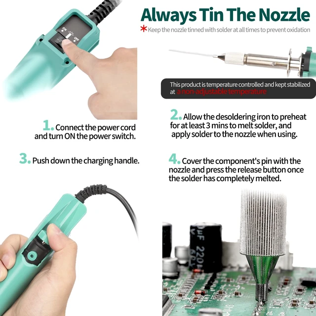Alt view image 6 of 7 - YIHUA 929D VI Temperature Controlled Electric Desoldering Iron with Upgraded Performance Heated Solder Sucker Tool with 3 Nozzles Soldering Iron Pump Function