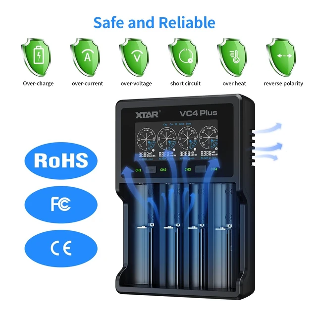 Alt view image 6 of 6 - XTAR VC4 Plus Battery Charger - USB C Charger - Customizable Charging Current - Battery Capacity Test & Recovery - Multiple Protection - Compatible with Li-ion, Ni-MH - Rechargeable Battery Charger