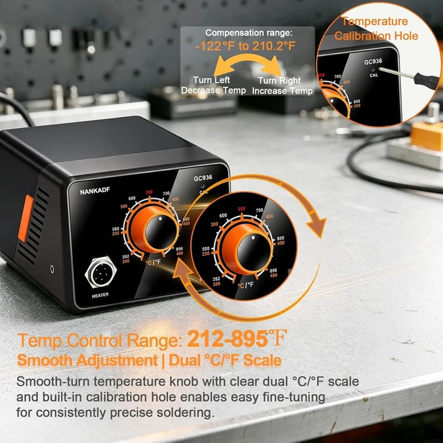 Alt view image 6 of 7 - NANKADF 936 Soldering Station with Precision Heat Control (392°F to 896°F), 60W Transformer, Ceramic Heating Element, Temp Calibration, / Scale for Electronics Repair/PCB Rework/DIY Hobby