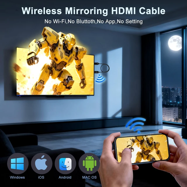 Alt view image 2 of 7 - Wireless HDMI Display Adapter, 4K Decoding 1080P@60Hz Screen Mirroring Cable, Plug and Play No WiFi/App/Bluetooth, 5G Dual Band AirPlay Miracast Dongle for iPhone Android PC to TV Projector Monitor