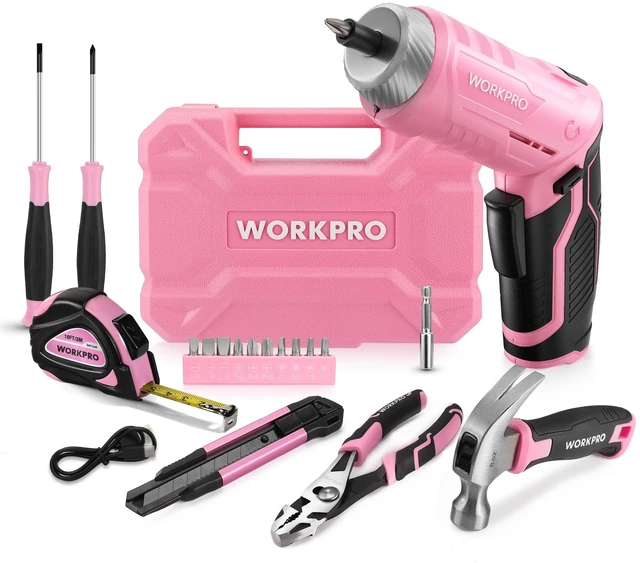 Main image of WORKPRO Pink Tool Set, 3.7V Electric Screwdriver Kit with Toolbox | Pink Ribbon, USB-C Rechargeable, Compact Storage Toolbox, Essential Home Repairs, Portable Everyday Use