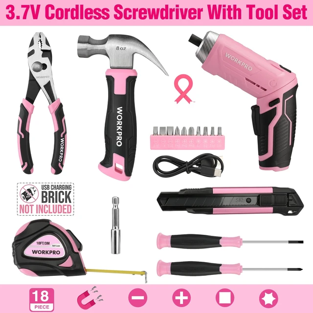 Alt view image 2 of 7 - WORKPRO Pink Tool Set, 3.7V Electric Screwdriver Kit with Toolbox | Pink Ribbon, USB-C Rechargeable, Compact Storage Toolbox, Essential Home Repairs, Portable Everyday Use