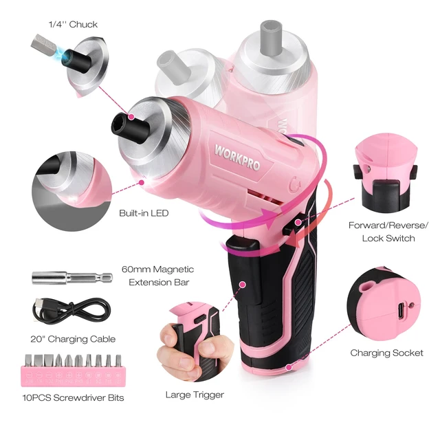 Alt view image 3 of 7 - WORKPRO Pink Tool Set, 3.7V Electric Screwdriver Kit with Toolbox | Pink Ribbon, USB-C Rechargeable, Compact Storage Toolbox, Essential Home Repairs, Portable Everyday Use
