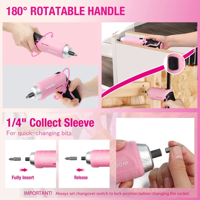 Alt view image 4 of 7 - WORKPRO Pink Tool Set, 3.7V Electric Screwdriver Kit with Toolbox | Pink Ribbon, USB-C Rechargeable, Compact Storage Toolbox, Essential Home Repairs, Portable Everyday Use
