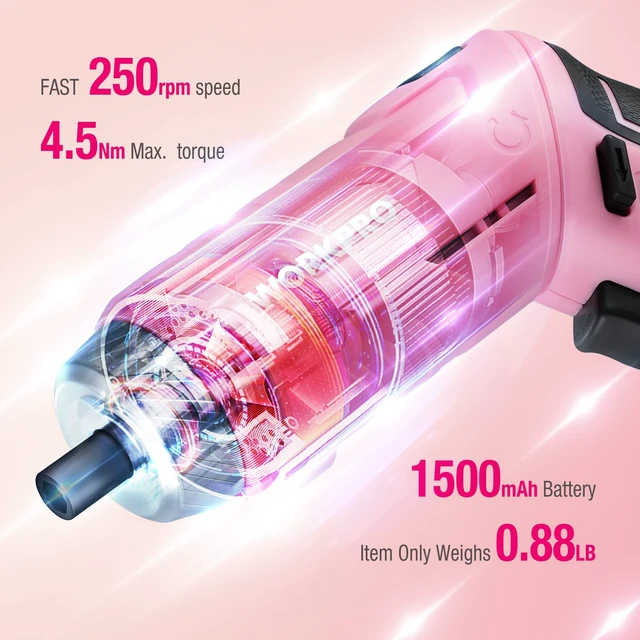 Alt view image 7 of 7 - WORKPRO Pink Tool Set, 3.7V Electric Screwdriver Kit with Toolbox | Pink Ribbon, USB-C Rechargeable, Compact Storage Toolbox, Essential Home Repairs, Portable Everyday Use