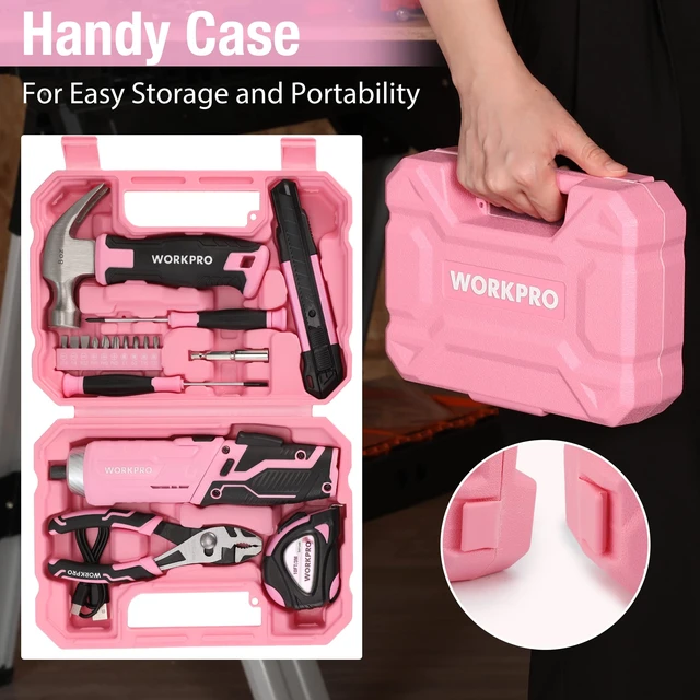 Alt view image 6 of 7 - WORKPRO Pink Tool Set, 3.7V Electric Screwdriver Kit with Toolbox | Pink Ribbon, USB-C Rechargeable, Compact Storage Toolbox, Essential Home Repairs, Portable Everyday Use
