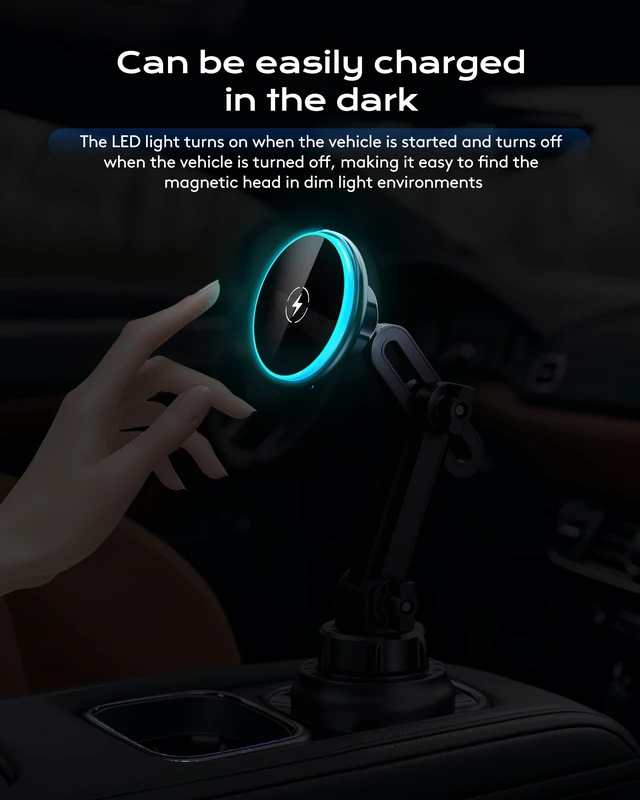 Alt view image 2 of 7 - Magnetic Cup Phone Holder Car Wireless Charger for MagSafe, 15W Fast Charging Car Mount Stand for iPhone 16 Pro Max/15/14/13/12, Cupholder Expander, LED Light Ring, Strong N52 Magnets