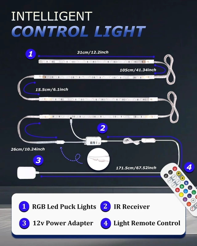 Alt view image 4 of 7 - Cefrank Color Cabinet Lighting, 4pcs 12" Linkable RGB LED Light Bar Kit for Display Cabinet, Smart App & Remote Control, Music Sync, Scene Modes, Multi-Colors