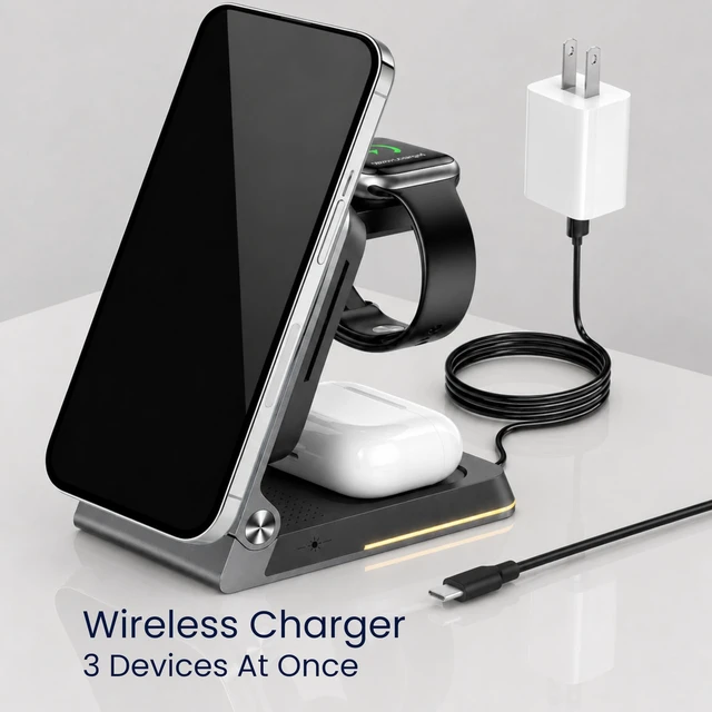 Alt view image 2 of 7 - THONIV- Qi2 3-in-1 Magnetic Wireless Charging Station, Foldable 15W Fast Charger for iPhone 1217 Series, Apple Watch and Wireless Earbuds, Portable Travel Dock, MagSafe Compatible, 30W Adapter