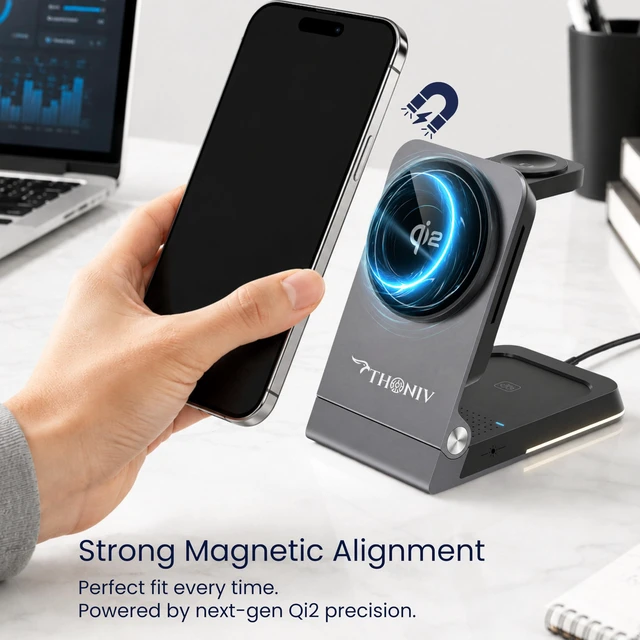 Alt view image 3 of 7 - THONIV- Qi2 3-in-1 Magnetic Wireless Charging Station, Foldable 15W Fast Charger for iPhone 1217 Series, Apple Watch and Wireless Earbuds, Portable Travel Dock, MagSafe Compatible, 30W Adapter