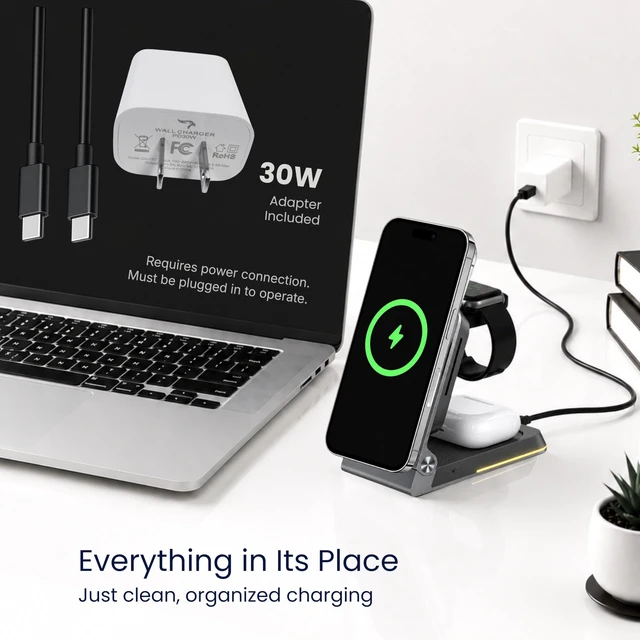 Alt view image 4 of 7 - THONIV- Qi2 3-in-1 Magnetic Wireless Charging Station, Foldable 15W Fast Charger for iPhone 1217 Series, Apple Watch and Wireless Earbuds, Portable Travel Dock, MagSafe Compatible, 30W Adapter