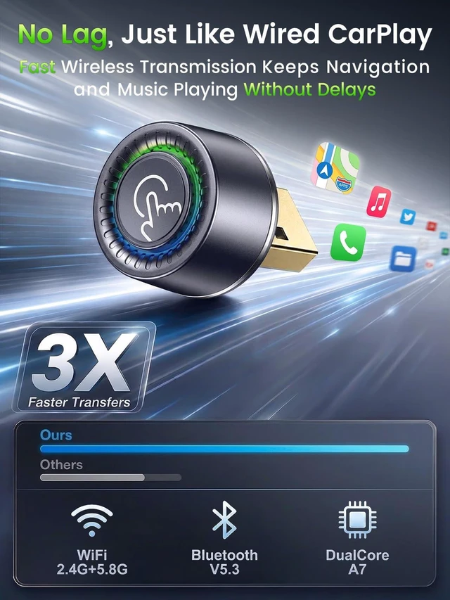 Alt view image 5 of 7 - Wireless CarPlay Adapter for iPhone & Android Auto - Wired to Wireless | 1 Click for Disconnet/Switch, Gold-Plated USB, No Lag & Auto Reconnect for Daily Drive, Plug & Play with OEM Wired Cars 2016+