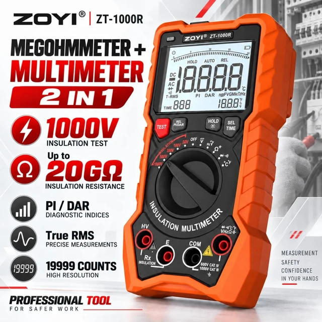 Alt view image 2 of 7 - ZOYI ZT-1000R 2 in 1 Megohmmeter Multimeter, 50V/100V/250V/500V/1000V 5 Gear with DAR&PI, Insulation Resistance up to 20G, 19999 Counts Auto Range T-RMS, V,,C,FREQ,Temp, Diode,Continuity Tester