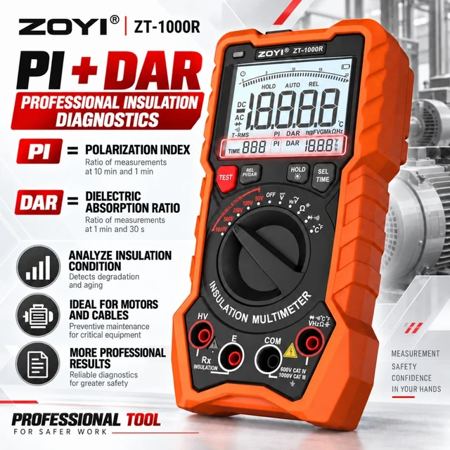 Alt view image 3 of 7 - ZOYI ZT-1000R 2 in 1 Megohmmeter Multimeter, 50V/100V/250V/500V/1000V 5 Gear with DAR&PI, Insulation Resistance up to 20G, 19999 Counts Auto Range T-RMS, V,,C,FREQ,Temp, Diode,Continuity Tester