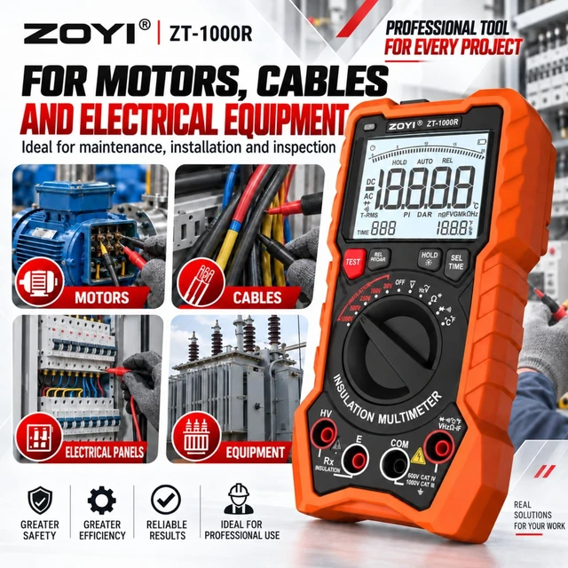 Alt view image 4 of 7 - ZOYI ZT-1000R 2 in 1 Megohmmeter Multimeter, 50V/100V/250V/500V/1000V 5 Gear with DAR&PI, Insulation Resistance up to 20G, 19999 Counts Auto Range T-RMS, V,,C,FREQ,Temp, Diode,Continuity Tester