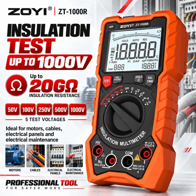 Alt view image 5 of 7 - ZOYI ZT-1000R 2 in 1 Megohmmeter Multimeter, 50V/100V/250V/500V/1000V 5 Gear with DAR&PI, Insulation Resistance up to 20G, 19999 Counts Auto Range T-RMS, V,,C,FREQ,Temp, Diode,Continuity Tester