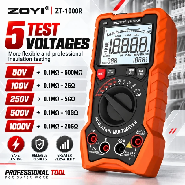Alt view image 6 of 7 - ZOYI ZT-1000R 2 in 1 Megohmmeter Multimeter, 50V/100V/250V/500V/1000V 5 Gear with DAR&PI, Insulation Resistance up to 20G, 19999 Counts Auto Range T-RMS, V,,C,FREQ,Temp, Diode,Continuity Tester