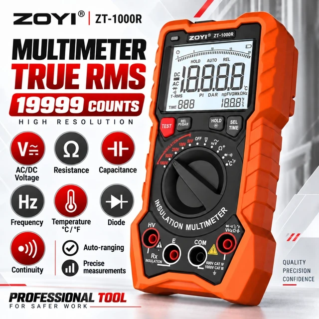 Alt view image 7 of 7 - ZOYI ZT-1000R 2 in 1 Megohmmeter Multimeter, 50V/100V/250V/500V/1000V 5 Gear with DAR&PI, Insulation Resistance up to 20G, 19999 Counts Auto Range T-RMS, V,,C,FREQ,Temp, Diode,Continuity Tester