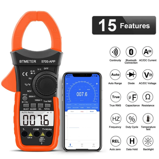 Alt view image 3 of 7 - BTMETER Digital Clamp Multimeter BT-570S-APP, 6000 Counts TRMS Clamp-on Ammeter Auto Ranging Voltage Tester Measure AC DC Volt Amp Ohm NCV Temperature Capacitance