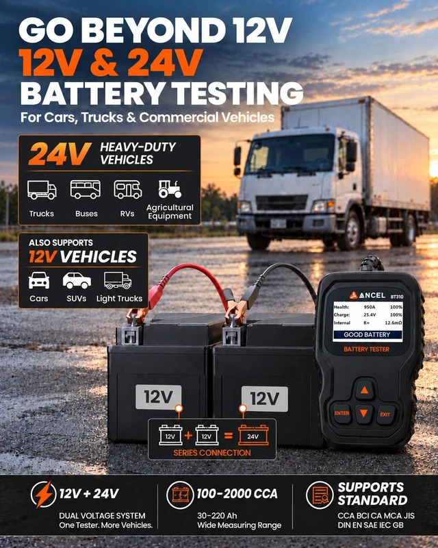 Alt view image 5 of 7 - ANCEL BT310 Car Battery Tester 12V/24V, Automotive Load Tester 100-2000 CCA | Lead-Acid & Lithium Battery Tester and Alternator Tester for Cranking & Charging Systems in Cars, Trucks, RVs & Boats