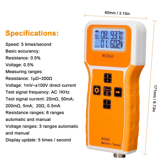 Alt view image 6 of 7 - Mulcort Battery Tester, 200 100V Portable Battery Internal Resistance Voltage Tester 3-Digit Display Battery Tester High-Precise True Four-Wire AC Lithium Lead-Acid Lithium Battery Detector