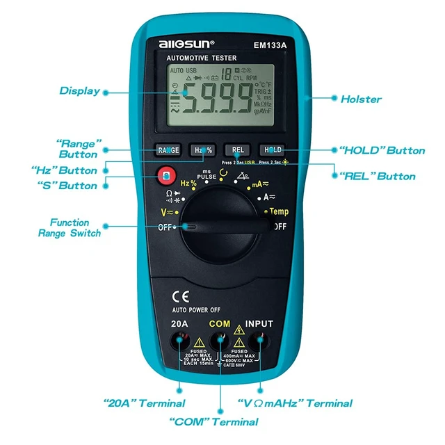 Alt view image 4 of 7 - allsun EM133A Auto Multimeter AC/DC Volt Ohm Amp Tester Tool | RPM, Dwell, Pulse Width, Temp, Capacitance, Continuity, Frequency. Diagnostic for Car Repair, Workshop, DIY Maintenance