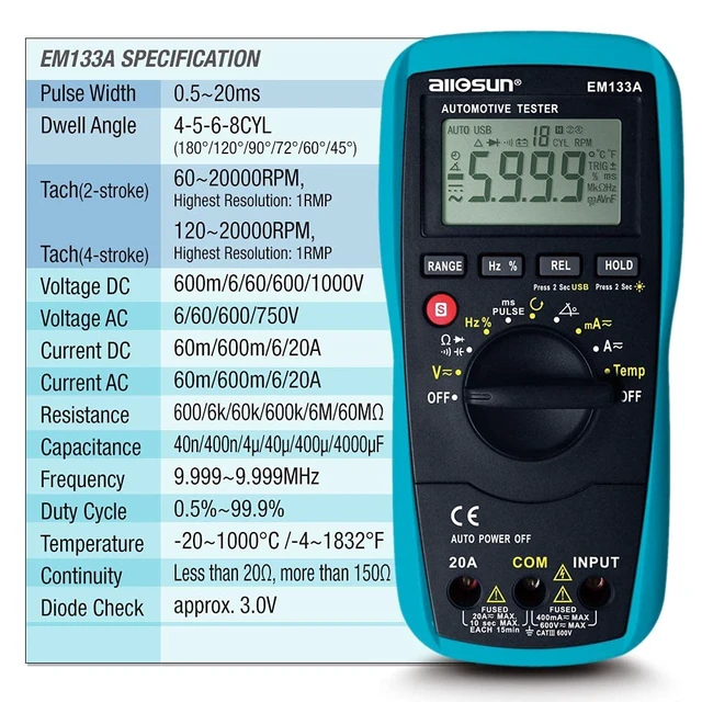 Alt view image 5 of 7 - allsun EM133A Auto Multimeter AC/DC Volt Ohm Amp Tester Tool | RPM, Dwell, Pulse Width, Temp, Capacitance, Continuity, Frequency. Diagnostic for Car Repair, Workshop, DIY Maintenance