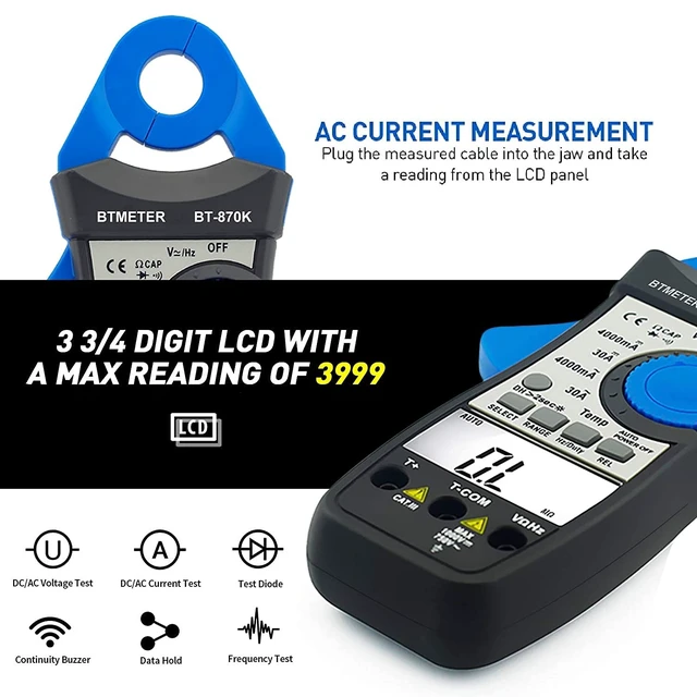 Alt view image 5 of 7 - BTMETER Clamp Multimeter BT-870K, DC AC Digital Voltage Current Meter, Auto Electric DMM Tester Avometer for Volt Amp Ohm Hz Temp Diode Continuity